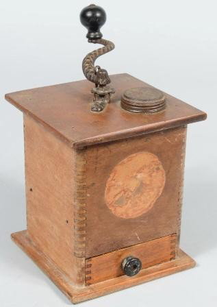 Tall Finger Joined Wood Box Cast Iron Mounted Cof: Tall Finger Joined Wood Box Cast Iron Mounted Coffee Grinder. Label missing. Identified as: Defiance No. U8, made for Simmons by Waddel, c. 1915. Includes original receiver drawer, side handle, crank 