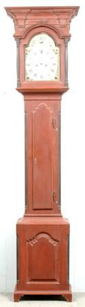 Contemporary Red and Black Painted Softwood Chipp: Contemporary Red and Black Painted Softwood Chippendale Style Tall Case Clock. Deep step molded cornice, turned column supported arched molding above molded glazed door and side lights. Deep cove mold