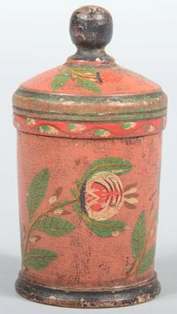 Joseph Lehn Turned and Painted Covered Saffron Bo: Joseph Lehn Turned and Painted Covered Saffron Box. Strawberries on lid and pomegranates on body all on salmon ground. Unmarked. 5"h. Condition: Item surface shows much use wear.