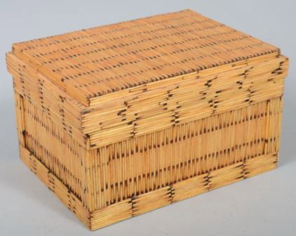 Tramp Art Match Stick Trinket Box. Burnt match de: Tramp Art Match Stick Trinket Box. Burnt match design with framed panels and a recessed lidded box within this box. Exterior box lid has raised mid-band and no knob. Unmarked. 5"d. X 8 3/4"w. X 6 1/4"