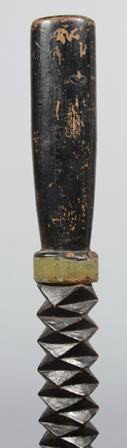 Chip Carved and Painted Straight Walking Stick. H: Chip Carved and Painted Straight Walking Stick. Hardwood stick in black(over gold), light blue and silver shows a Masonic symbol with initials: "L A P" at midsection. 35 1/2"l. Condition: Tip without 