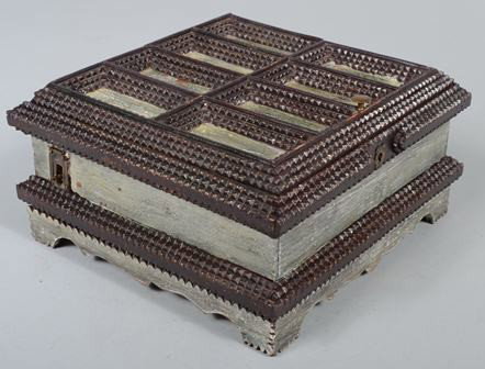 Tramp Art Musical Jewelry Box. Footed box has sca: Tramp Art Musical Jewelry Box. Footed box has scalloped skirted base below a three layer raised chip carved band, plain midsection, three layer carved box rim and eight framed and recessed rectangular