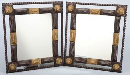 Pair of Tramp Art Chip Carved Picture or Mirror F: Pair of Tramp Art Chip Carved Picture or Mirror Frames. Four layer rectangles on inner frame, square corner blocks with round rosettes support a 1/2"wide outer frame strip. Painted brown with gold pyr