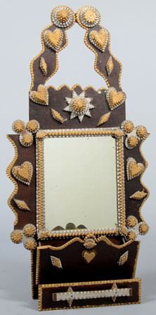 Tramp Art Wall Pocket with Mirror and Drawer. Sha: Tramp Art Wall Pocket with Mirror and Drawer. Shaped dark stained backboard is decorated with multi-layered hearts, rosettes, diamonds in both silver and gold paint. Mirror framed with carved strips a