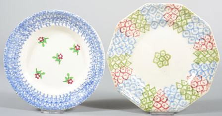 Two Stick Spatter Ironstone Plates; 1st is a 8 3/: Two Stick Spatter Ironstone Plates; 1st is a 8 3/4" rose bud with blue border plate and the second is a 9 1/2" red, blue and green rainbow with cut diamond design. Condition: good with minor chips.