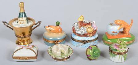 Eight Various Limoges, France Hand Panted Porcela: Eight Various Limoges, France Hand Panted Porcelain Miniature Bureau Boxes, 7/8" to 3 1/4" high. Condition: good.