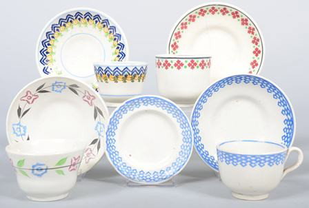 Four Various Stick Spatter Ironstone Child's Size: Four Various Stick Spatter Ironstone Child's Size Cups and Saucers. Condition: good, one saucer with a hairline.