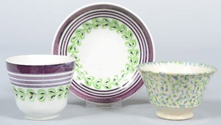 Purple and Green Stick Spatter Ironstone China Ha: Purple and Green Stick Spatter Ironstone China Handleless Cup and Saucer, plus a green and blue sponge decorated Handleless cup only. Condition: good.