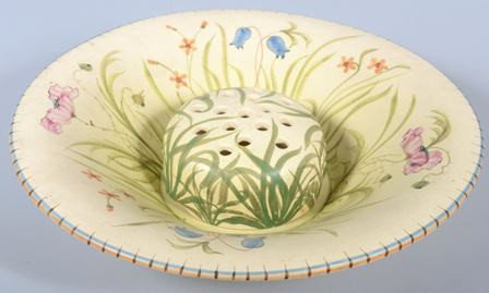 Weller Art Pottery Bonito Pattern Center Bowl wit: Weller Art Pottery Bonito Pattern Center Bowl with flower frog, 3 3/4" high x 16 3/4" diam. Condition: good.