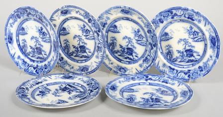 Six Flow Blue Transfer Ironstone China Hong Kong: Six Flow Blue Transfer Ironstone China Hong Kong Pattern 10 1/2" plates. Condition: two with edge chip.