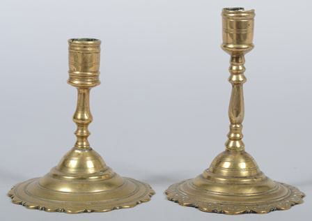 Two Brass Candlesticks, Queen Anne type, English,: Two Brass Candlesticks, Queen Anne type, English, balister stems with domed bases, no marks, 6 1/2"h. & 5 1/2"h. Condition: both are screw in stems, but have been fixed in place.