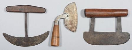 Three Hand Forged Food Choppers, crescent with wo: Three Hand Forged Food Choppers, crescent with wood "T" handle, 7"h.; double tang with wood handle, 7"w.; cleaver shape with wood grip, 7 1/2"w. Condition: Good.