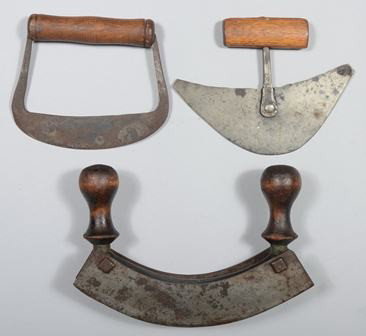 Three Hand Forged Food Choppers, crescent with wo: Three Hand Forged Food Choppers, crescent with wood "T" handle, 8"w.; double tang with wood handle, 7"w.; double crescent rocker knife with two knob handles, marked: "Cast Steel", 10 1/4"l. Condition: