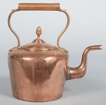 Large 19th cen. Dovetailed Gooseneck Copper Water: Large 19th cen. Dovetailed Gooseneck Copper Water Kettle. Solid cast brass handle and acron finial on domed lid. No marks, 11 3/4"h. Condition: Good.