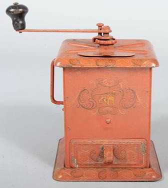 Early 20th cen. Red Country Painted Iron Coffee G: Early 20th cen. Red Country Painted Iron Coffee Grinder. Yellow and black hand painted decoration including a Tiger on front. Signed on back: "Grace Quast, Dover, Delaware". 10"h. Condition: Good.