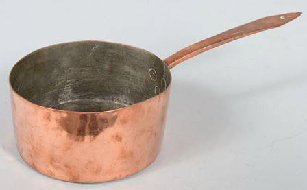 19th cen. Dovetailed Copper Cooking Pot with one : 19th cen. Dovetailed Copper Cooking Pot with one piece wrought and riveted handle. Tin linded. No makers mark. 8 1/2"dia. X 4 1/4"h. Condition: Good.