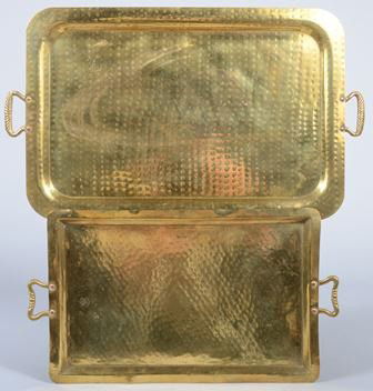 Two 19th cen. Russian Imperial Rectangular Brass: Two 19th cen. Russian Imperial Rectangular Brass Trays. Both with fixed handles at the ends. Smaller tray marked with Russian Imperial Eagle mark. Smaller: 17 1/4"l. X 9 3/4"w. and larger: 20 1/4"l. X