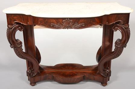 Mid 19th Century Carved Mahogany Marble Top Pier : Mid 19th Century Carved Mahogany Marble Top Pier Table with Mirror Back. Shaped and molded white marble top on a similar contoured crotch veneered skirt with applied carvings. Double scroll carved leg