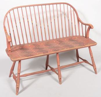 Contemporary Paint Decorated Windsor Settee. Hoop: Contemporary Paint Decorated Windsor Settee. Hoop back with twenty three bamboo turned spindles and scroll carved arms on shaped posts. Carved seat with six bamboo turned legs and turned double 'H' st