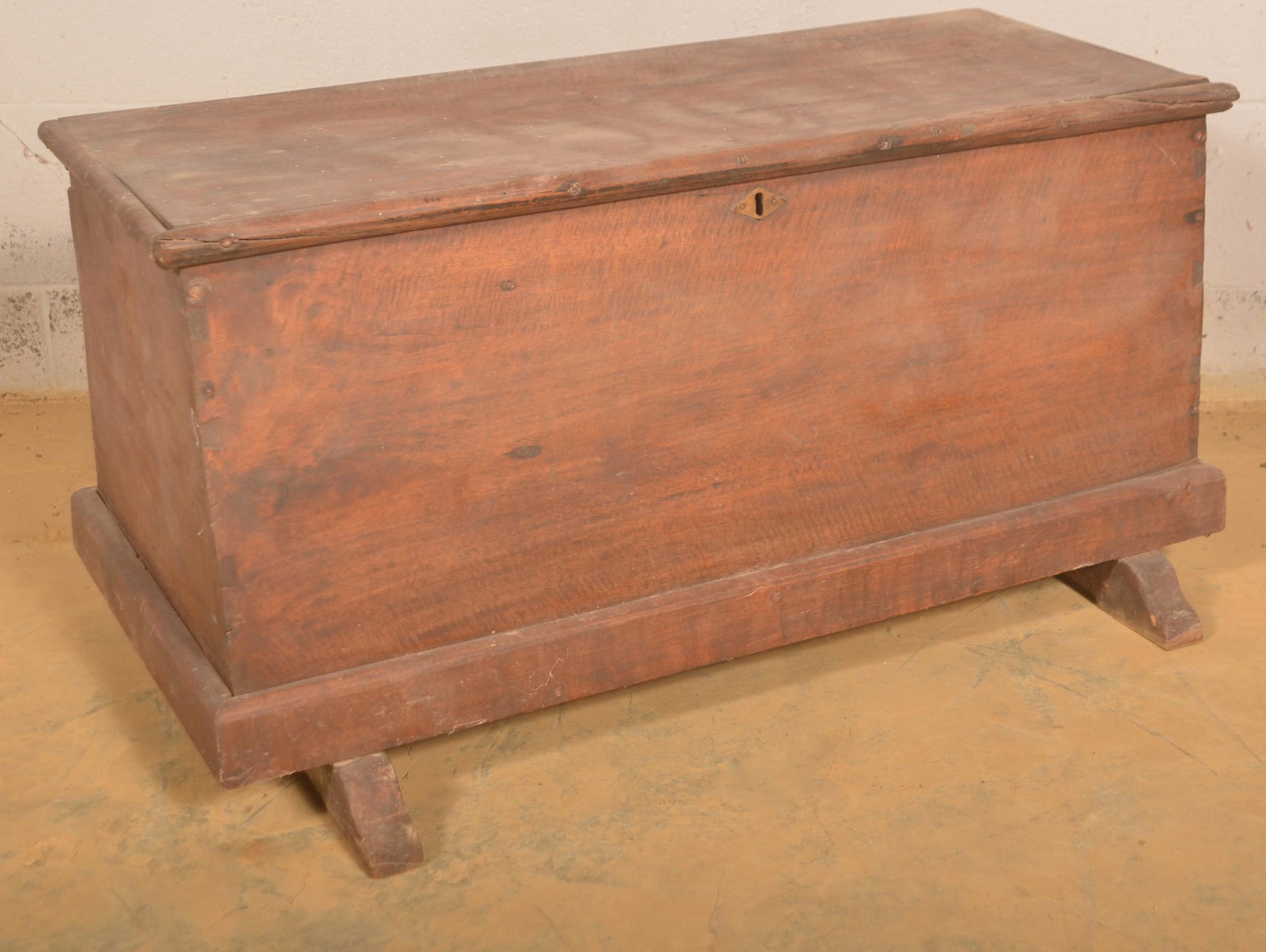 Early 19th Century Softwood Blanket Chest.: Early 19th Century Softwood Blanket Chest with Canted Front and Shoe Feet. 19"h. x 37"w. x 18"d. Condition: Fair to good with wear. in need of hinge repair.