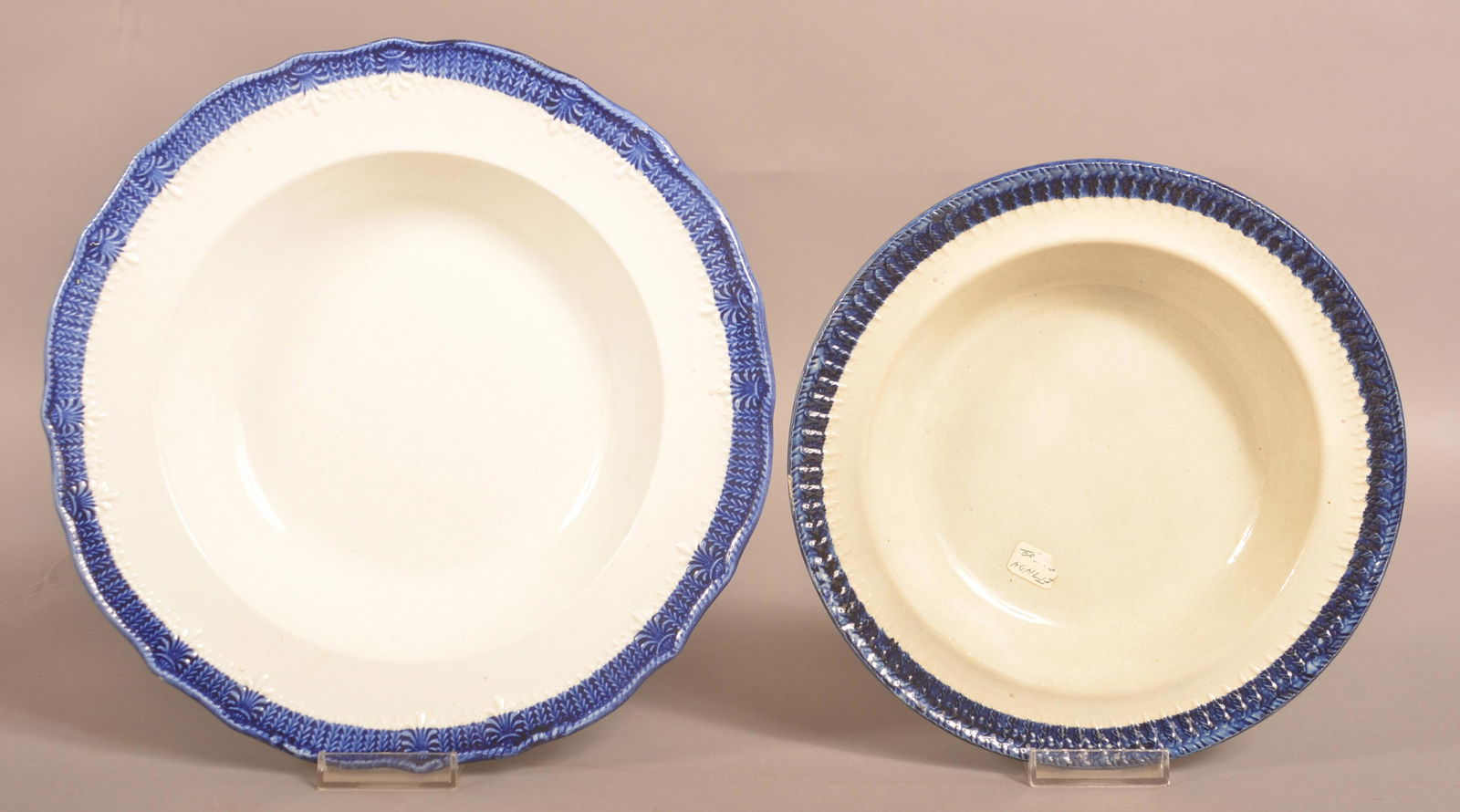 2 Leeds Soft Paste Blue Feather-Edge Soup Plates.: Two Leeds Soft Paste China Blue Feather-Edge Soup Plates. 8-3/4"diam. Signed Clews; 10-3/4" diam. Condition: Very good.