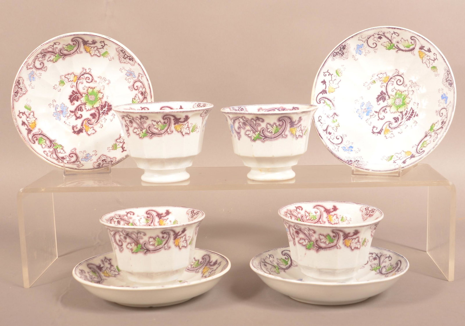 4 Purple Transfer Ironstone Aurora Cups and Saucers.: Four Purple Transfer Ironstone China Aurora Pattern Cups and Saucers. Saucer 5-7/8" diam. Condition: Very good.