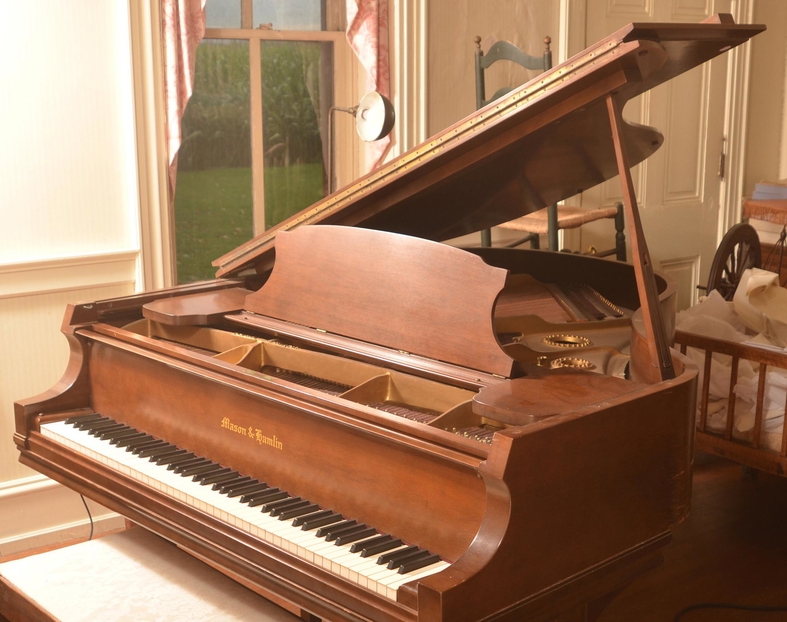 Mason & Hamlin Mahogany Baby Grand Piano.: Mason & Hamlin Mahogany Baby Grand Piano. Serial No. 77171. With bench. 39-1/2"h. x 58-1/2"w. x 68"d. Condition: Good with wear.
