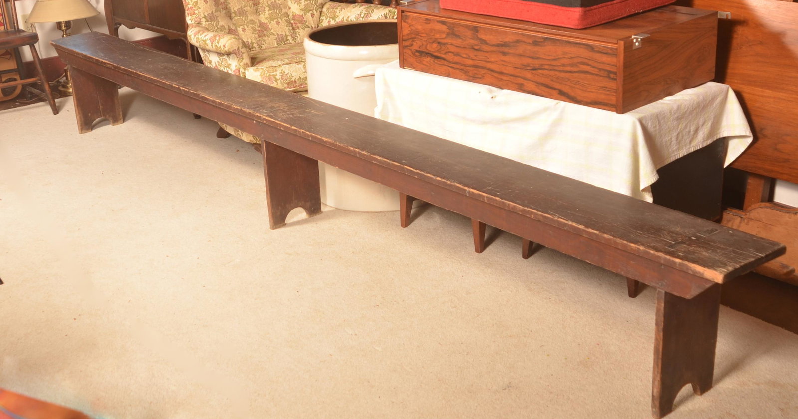Antique PA Brown Painted Mortise-Leg Bench.: Antique Pennsylvania Brown Painted Mortise-Leg Bench. 16-1/2"h. x 12' l. x 10" d. Condition: Good with use wear.