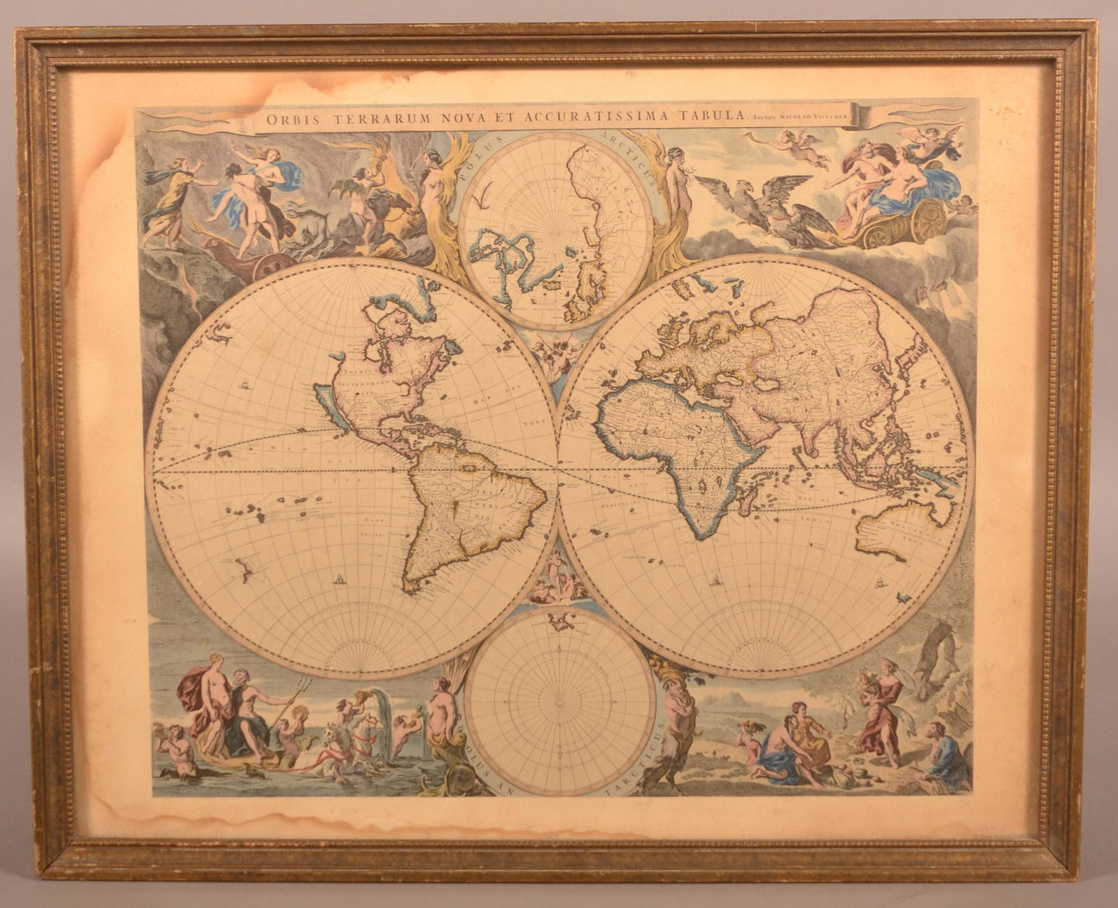 After Visscher Double Hemisphere Map of the World.: After Visscher Double Hemisphere Map of the World. Hand-colored Print "Orbis Terrarum Nova Et Accuratissima Tabula". Framed 17-1/4" x 21-1/4" overall. Condition: Good with stains and toning.