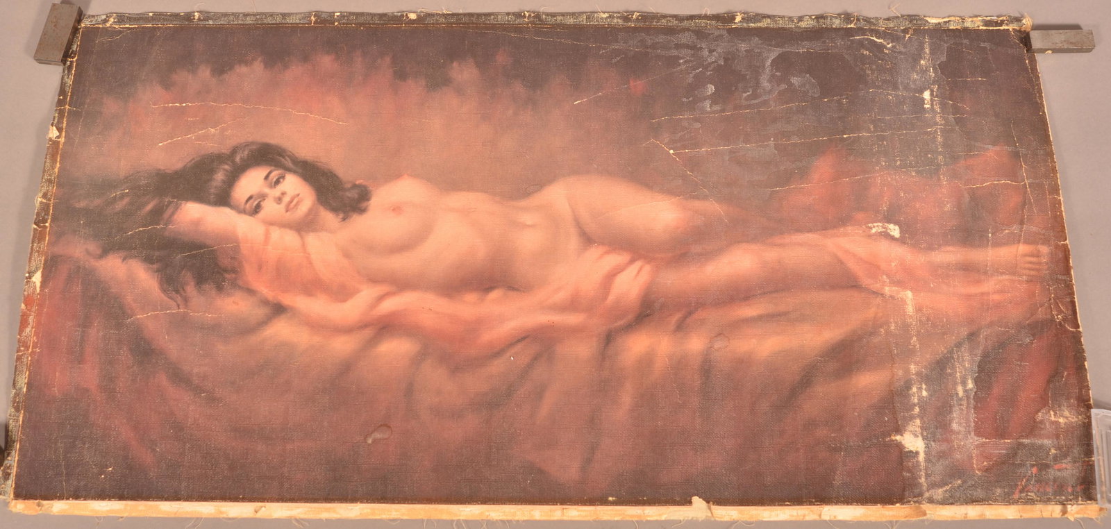 Larry Vincent Garrison Oil on Canvas Reclining Nude.: Larry Vincent Garrison Oil on Canvas Reclining Nude. (1923-2007). Signed lower right. Unmounted and unframed, 19" x 38". Condition: Fair with wear and loss.