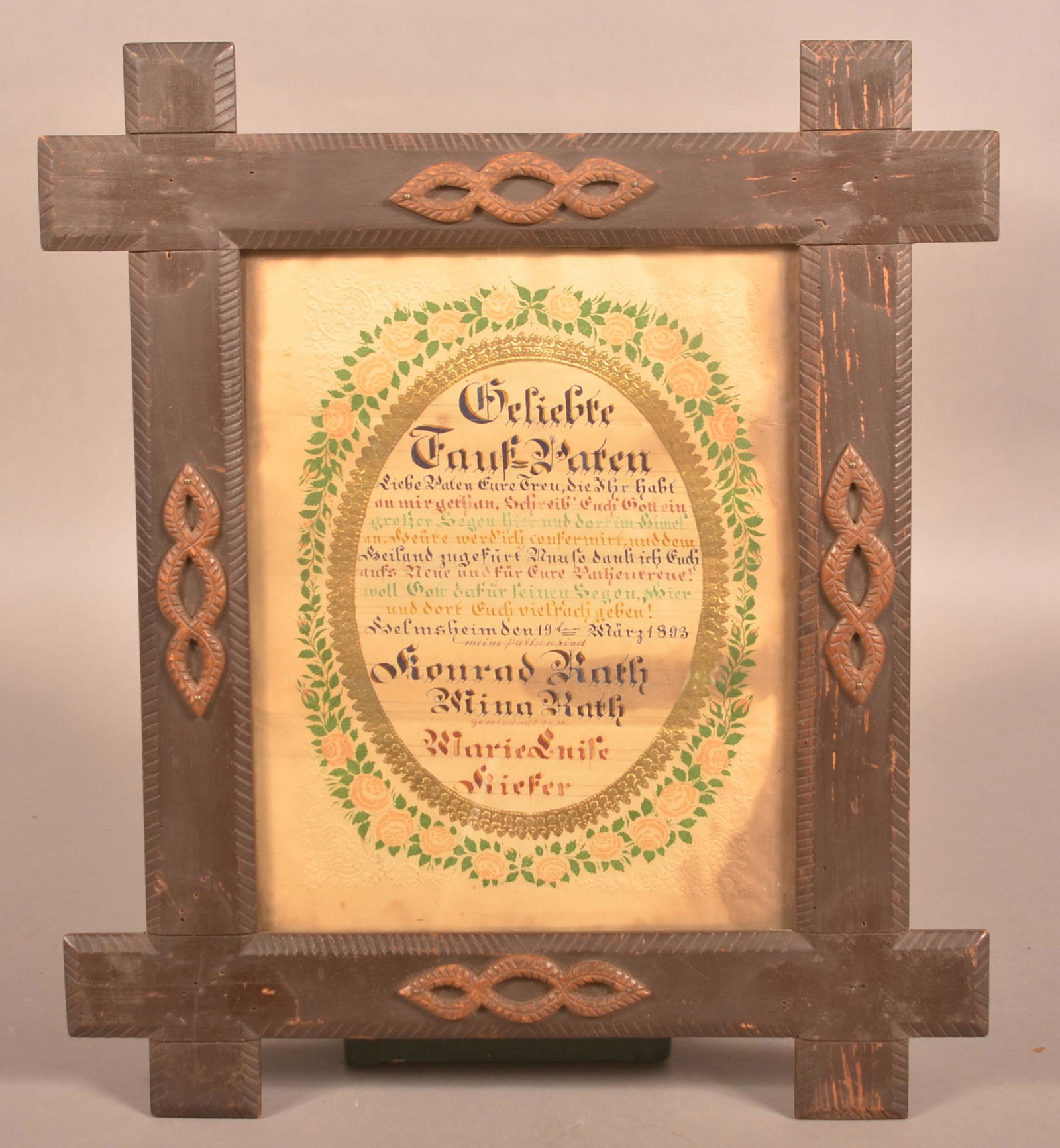 1893 Pen and Ink Baptismal Certificate. (1 of 2)