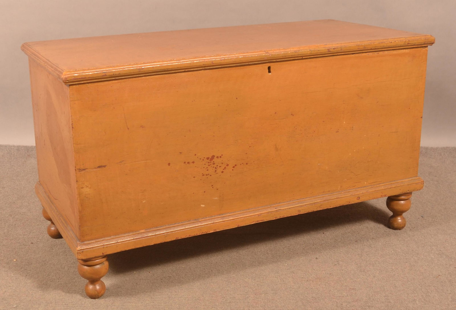 PA Country Federal Softwood Blanket Chest.: Pennsylvania Country Federal Softwood Blanket Chest. Tan/Mustard over original red paint. 22-1/2"h. x 40-1/2"w. x 19-1/4"d. Condition: Good with normal wear.