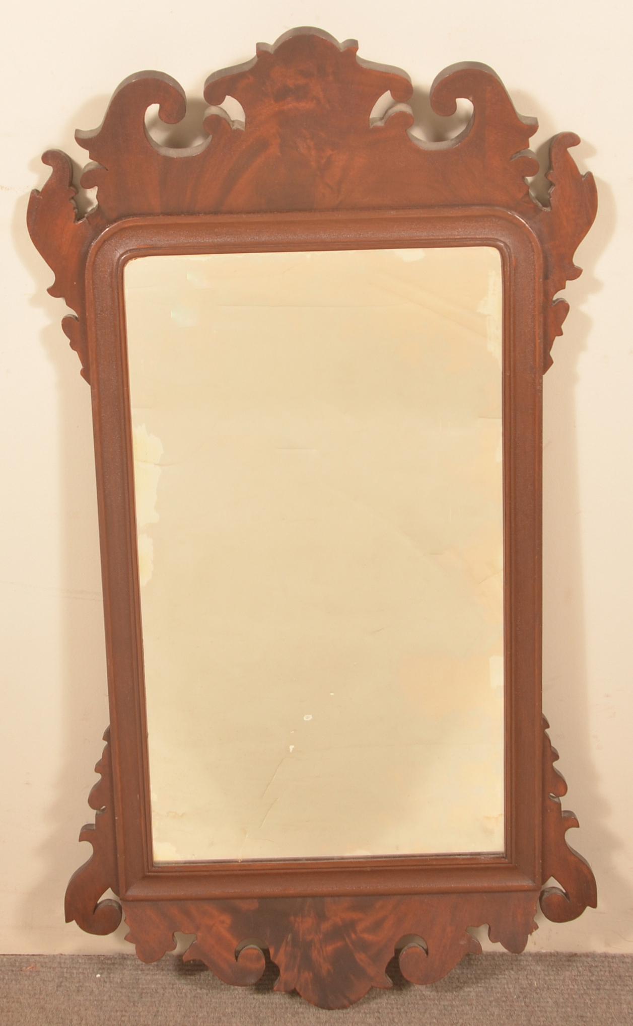 American Chippendale Burl Mahogany Mirror.: American Chippendale Burl Mahogany Mirror. 33-1/2" x 19" Condition: Good with some restoration.