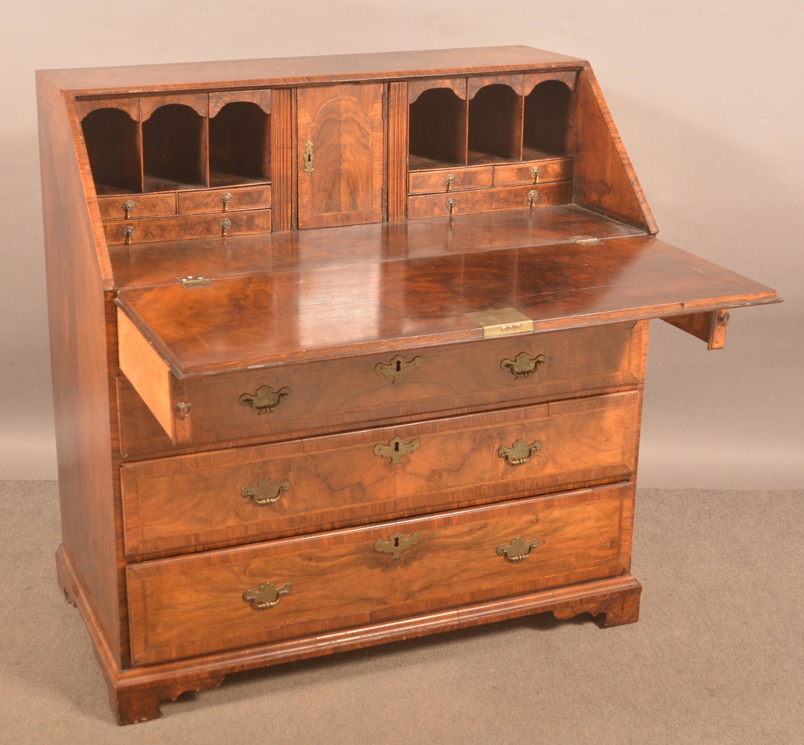 English Burl Mahogany Slant-Lid Desk.: English Burl Mahogany Slant-Lid Desk. 40"h. x 38"w. x 21"d. Condition: Good with wear and minor loss.