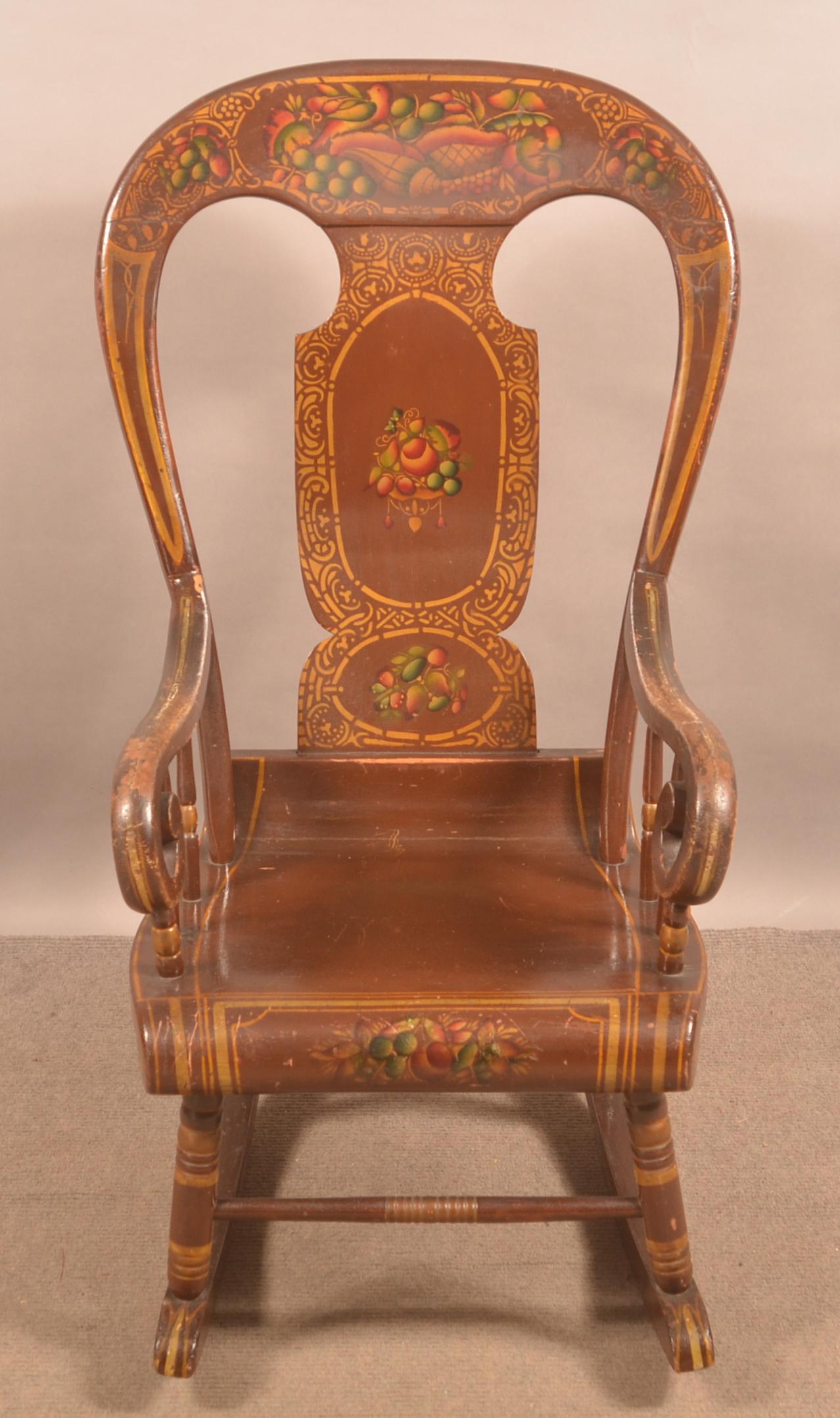 Antique Balloon-Back Scrolled Rocking Chair.: Antique Balloon-Back Scrolled Rocking Chair. 44"h. overall. Condition: Good with wear.