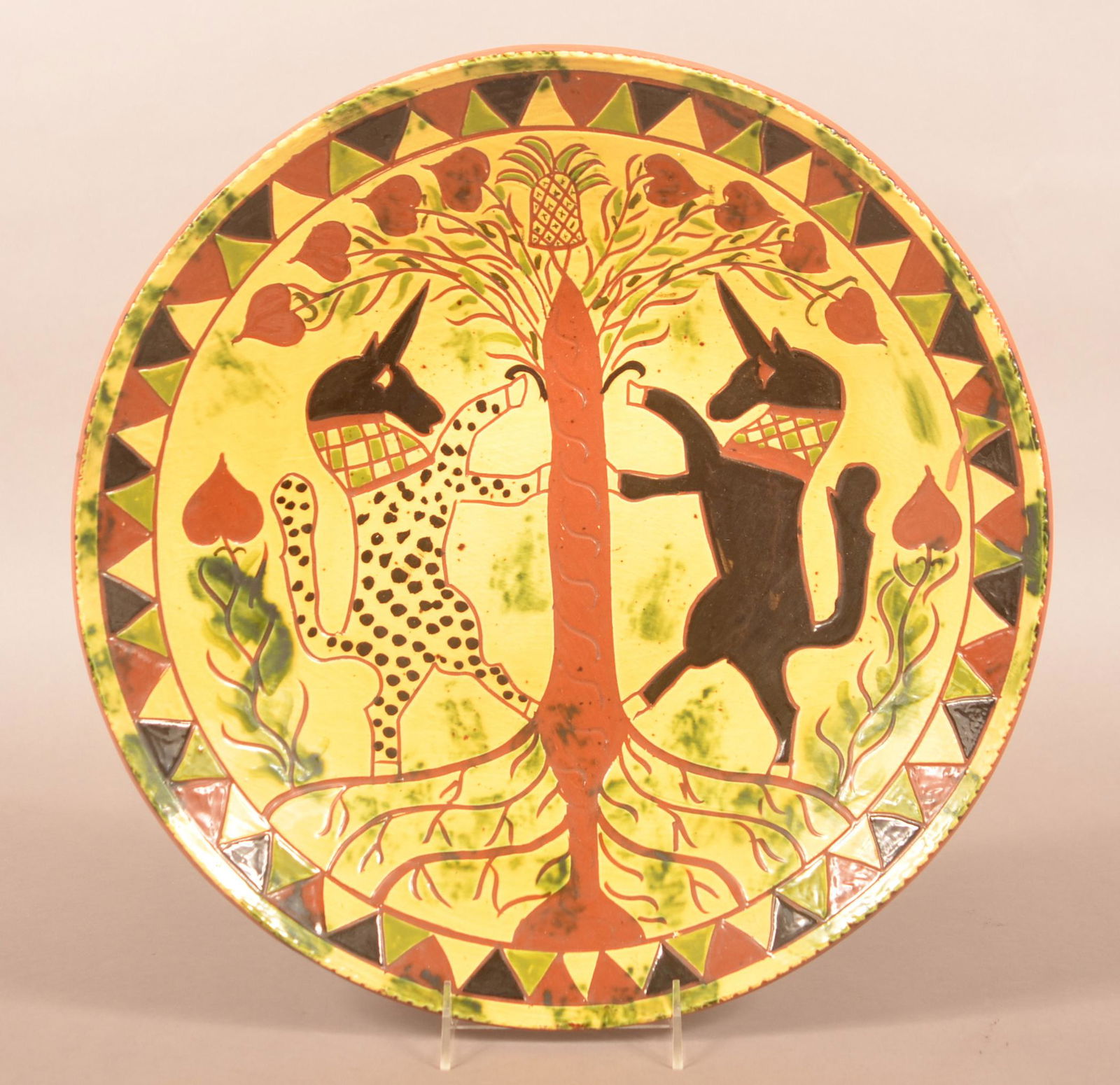 Breininger Redware 1982 Unicorn Sgrafitto Charger. (1 of 3)