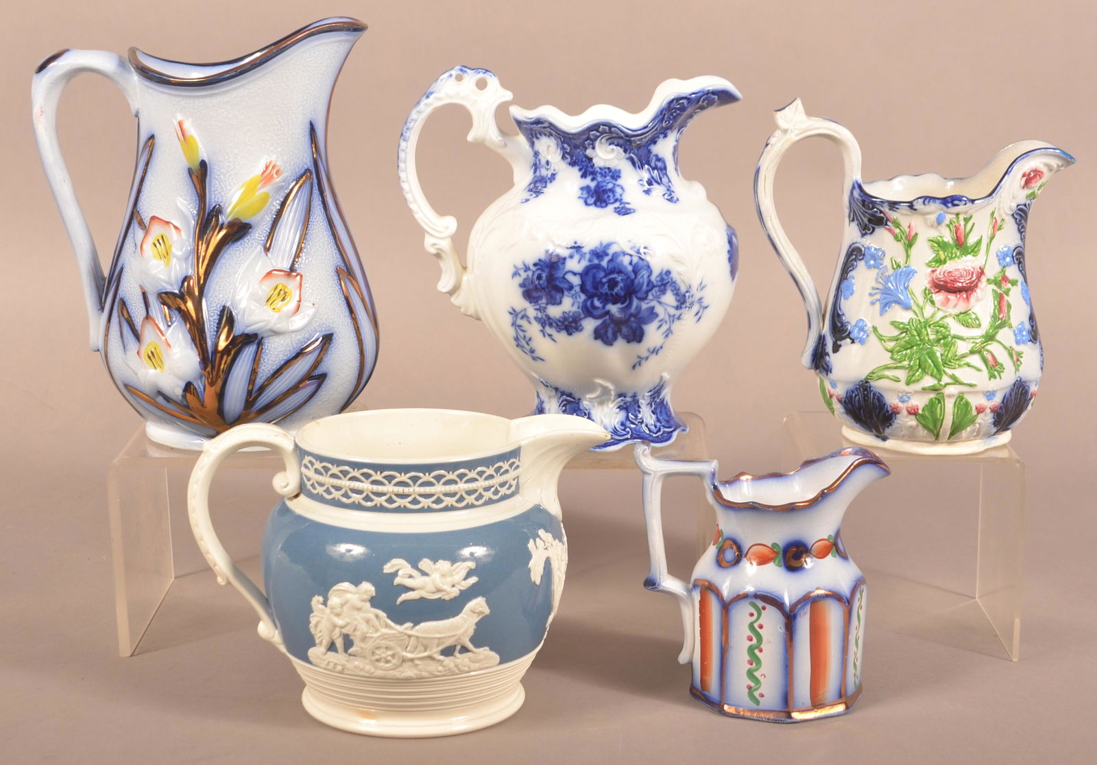 Five Various Antique Decorated China Pitchers. (1 of 5)