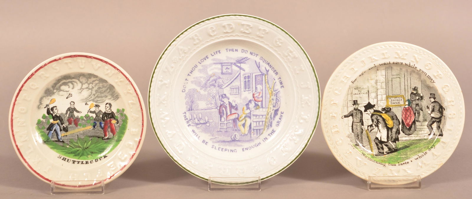 Three Antique Transfer-Decorated China Alphabet Plates. (1 of 5)