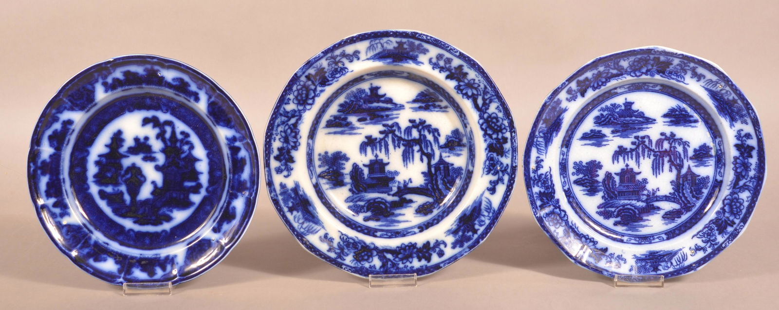 Three Antique Flow Blue Transfer Ironstone China Plates. (1 of 4)