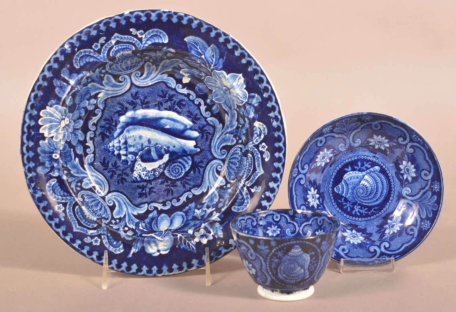 Blue Staffordshire Shell Pattern Plate, Cup & Saucer. (1 of 6)
