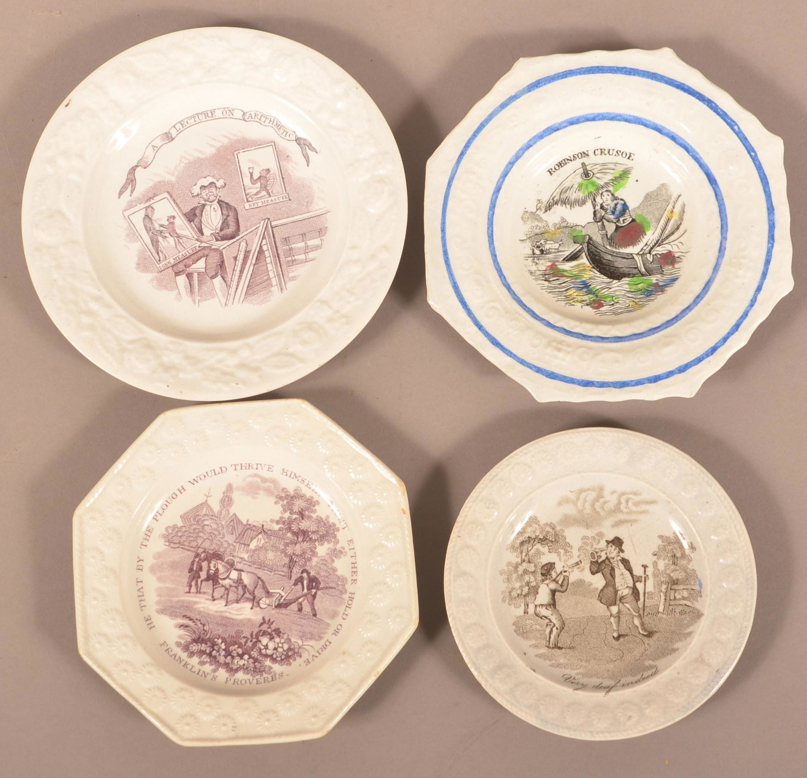 Four Staffordshire China Transfer-Decorated Toddy Plates. (1 of 5)