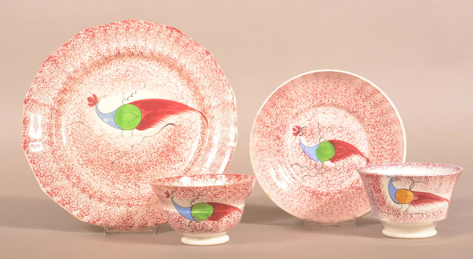 Four Pieces of Red Spatter Peafowl Pattern China. (1 of 5)