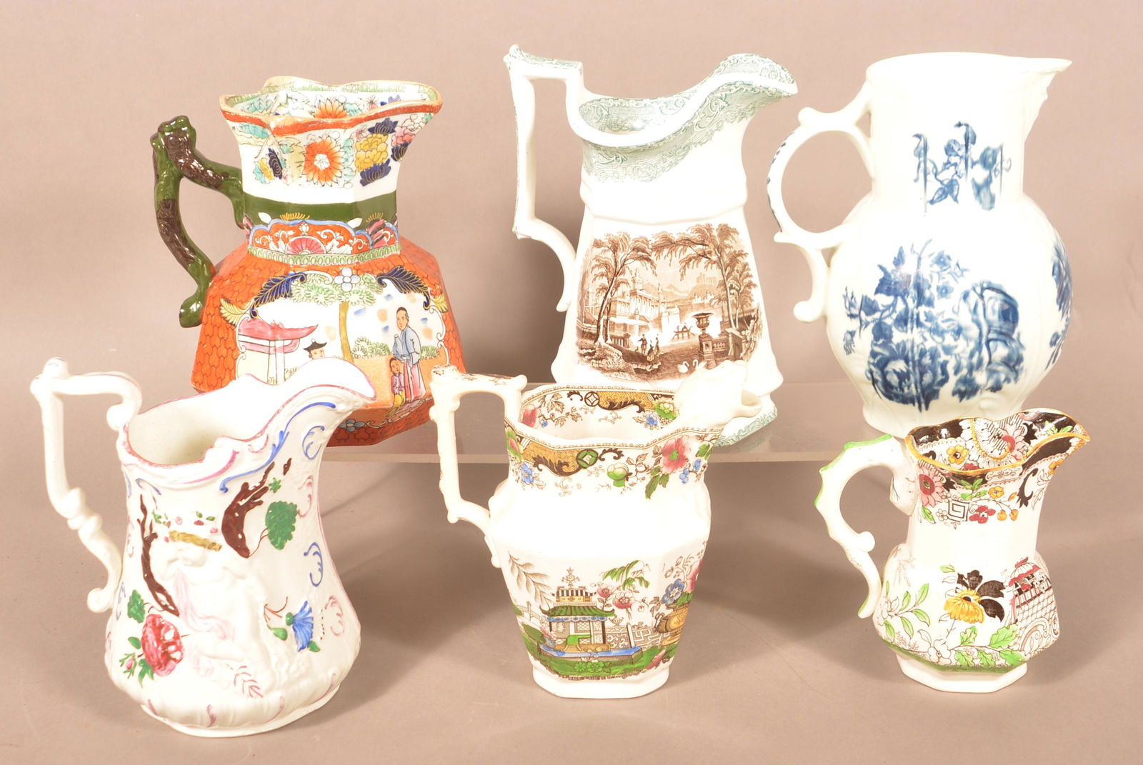 Six Various English 19th Century China Pitchers. (1 of 6)
