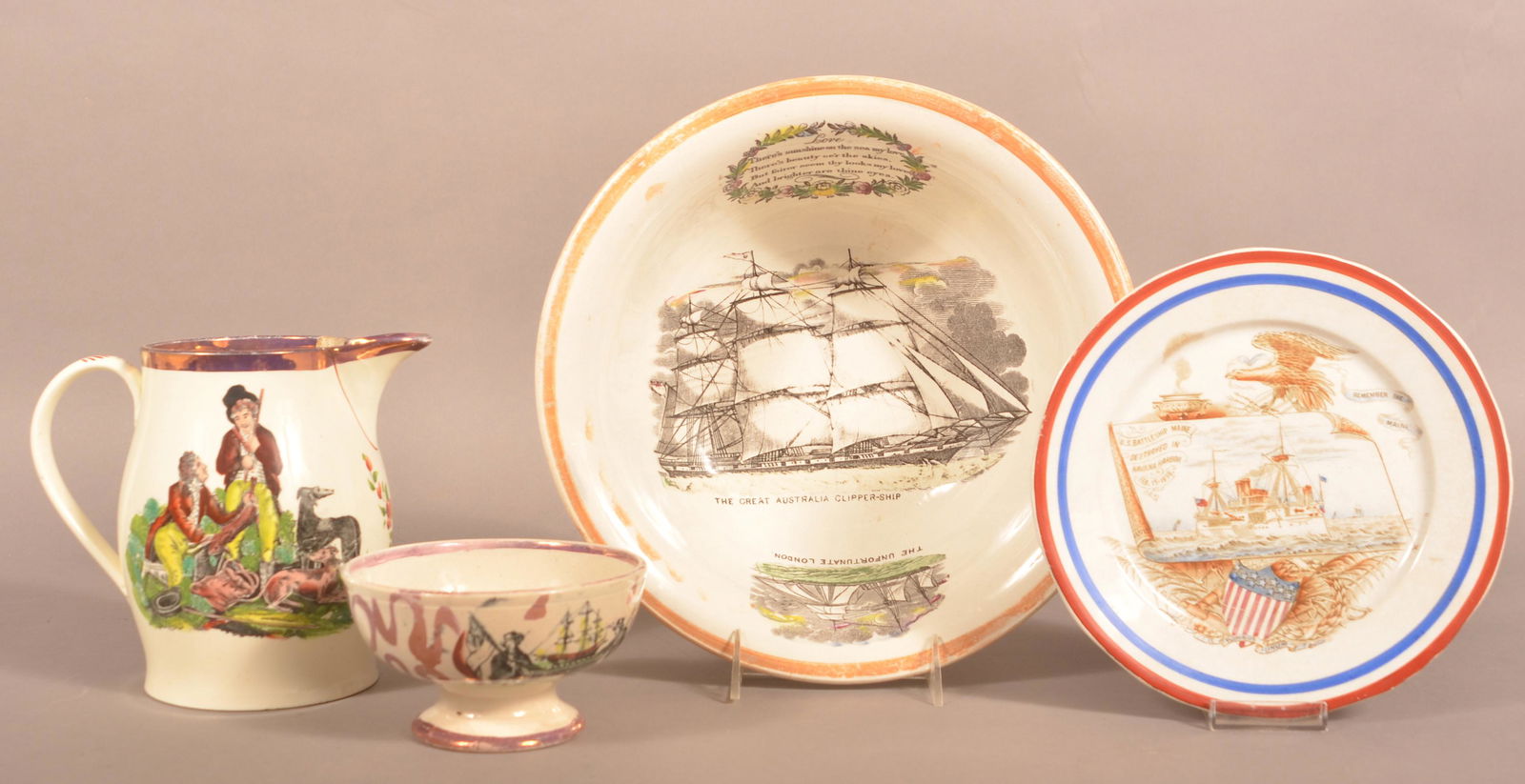 Four Pieces of Antique Transfer-Decorated China. (1 of 6)