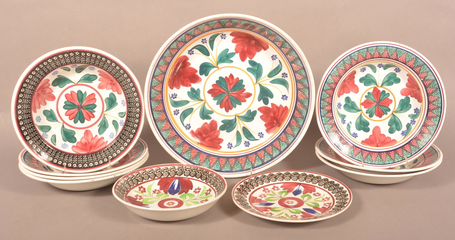 Ten Antique Belgian Stick Spatter China Plates.: Ten Antique Belgian Stick Spatter China Plates. Charger 14-1/4" diam. Condition: Good.