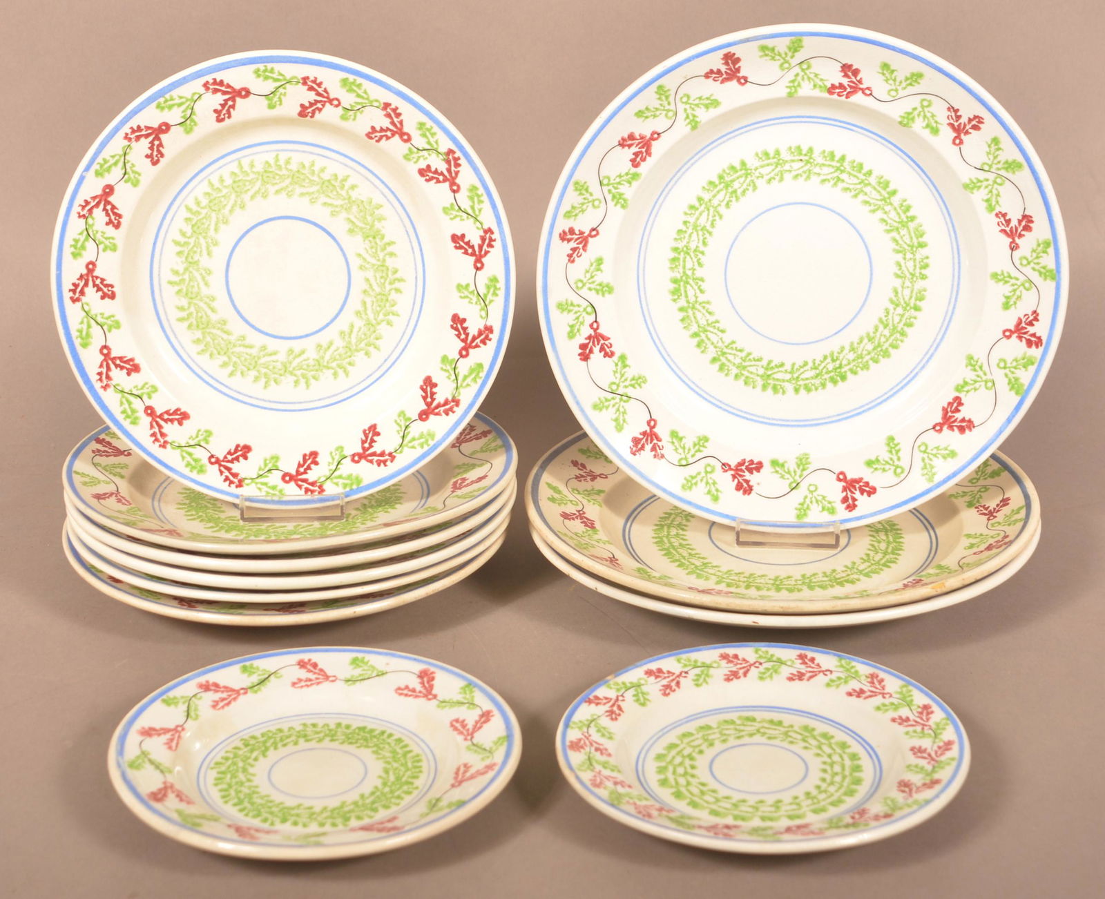Eleven English Stick Spatter Ironstone China Plates. (1 of 5)
