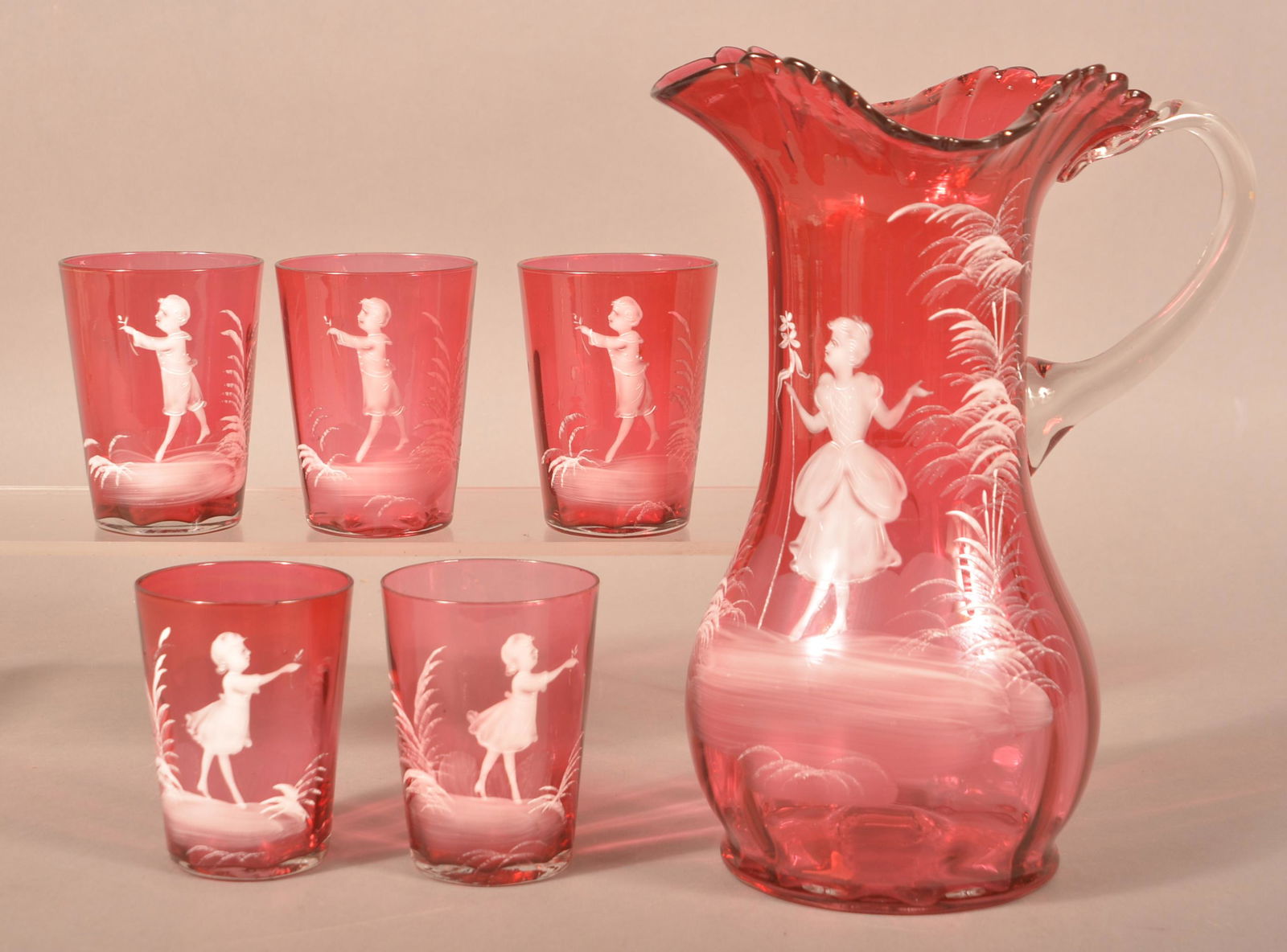 Mary Gregory Victorian Cranberry Art Glass Water Set. (1 of 4)