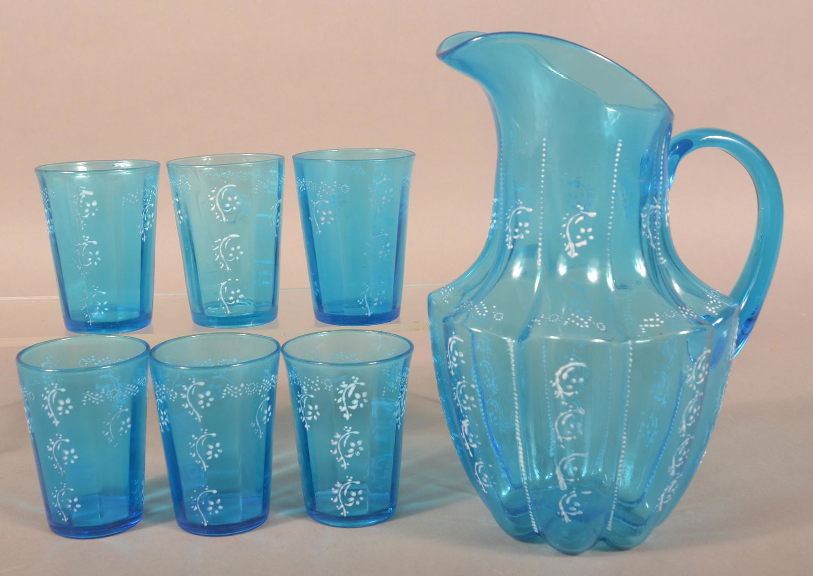 Victorian Blown Blue Art Glass Water Set. (1 of 3)