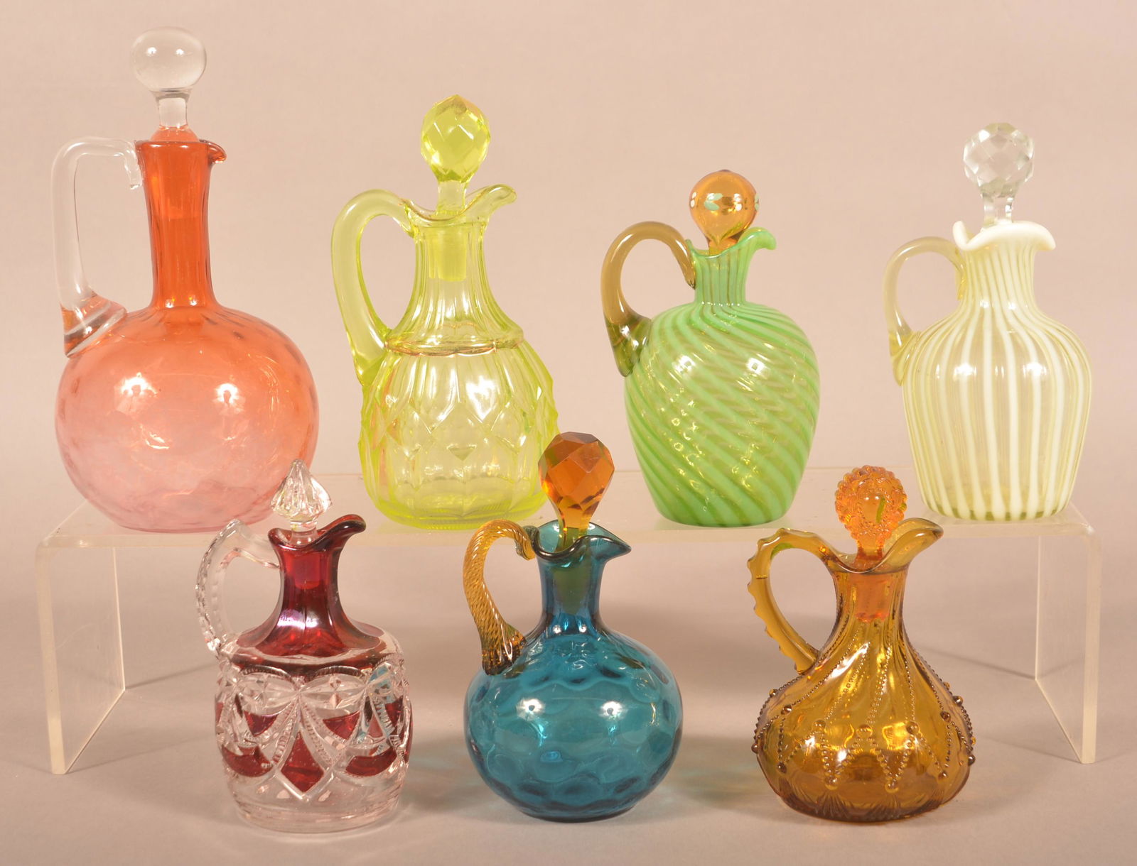 Seven Various Antique Colored Glass Cruets. (1 of 4)
