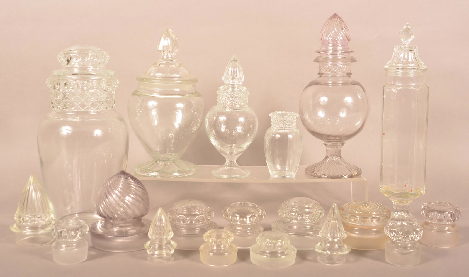 Lot of Antique Colorless Glass Apothecary Jars and Lids. (1 of 5)